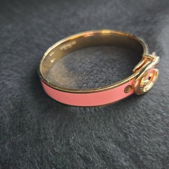 COACH pink enamel and gold Iconic Sig C buckle bangle bracelet adjustable hinged - Picture 4 of 7